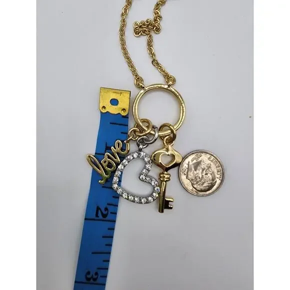 Lia Sophia Unlock Love Shiny Gold Crystal Love, Key, Heart Charms Necklace 34" - Picture 5 of 6